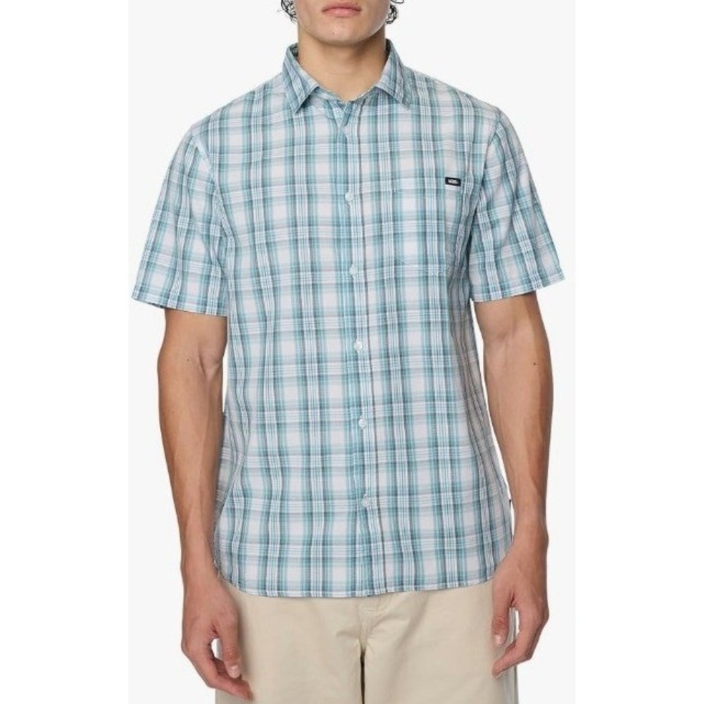 Vans Tripton Mens Teal Blue Plaid Short Sleeve Button Down Shirt Men Size Medium